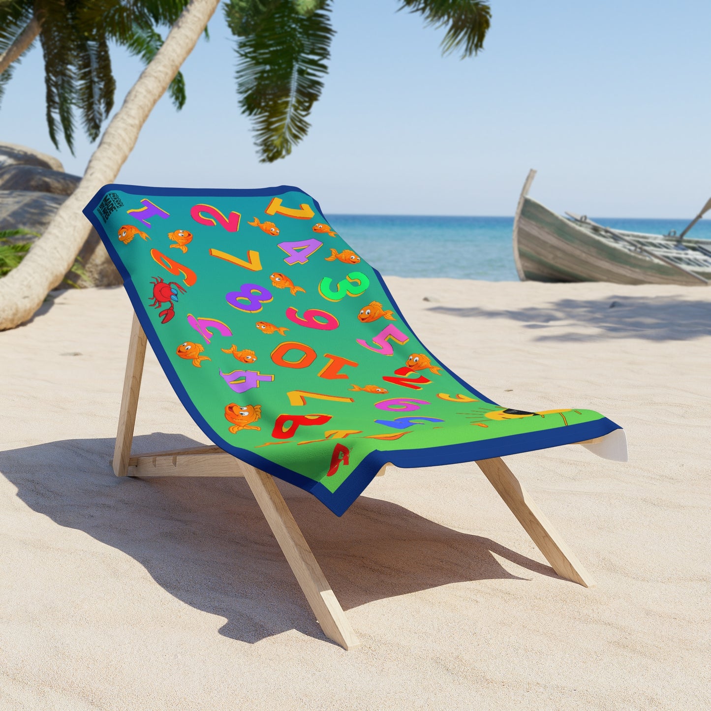 Kids Beach Towel - Counting Numbers, Goldfish, Crab Design with Cheerful Sun and Cotton Loop Backing