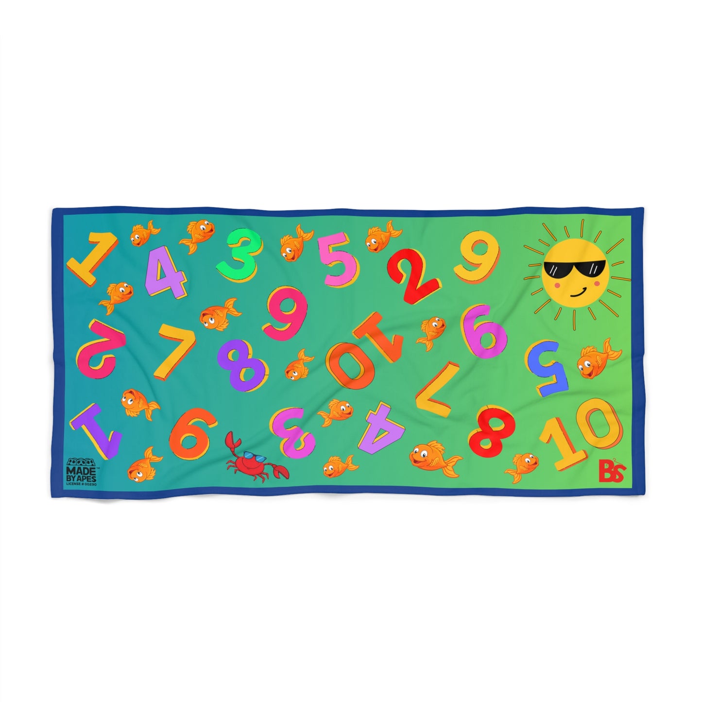 Kids Beach Towel - Counting Numbers, Goldfish, Crab Design with Cheerful Sun and Cotton Loop Backing
