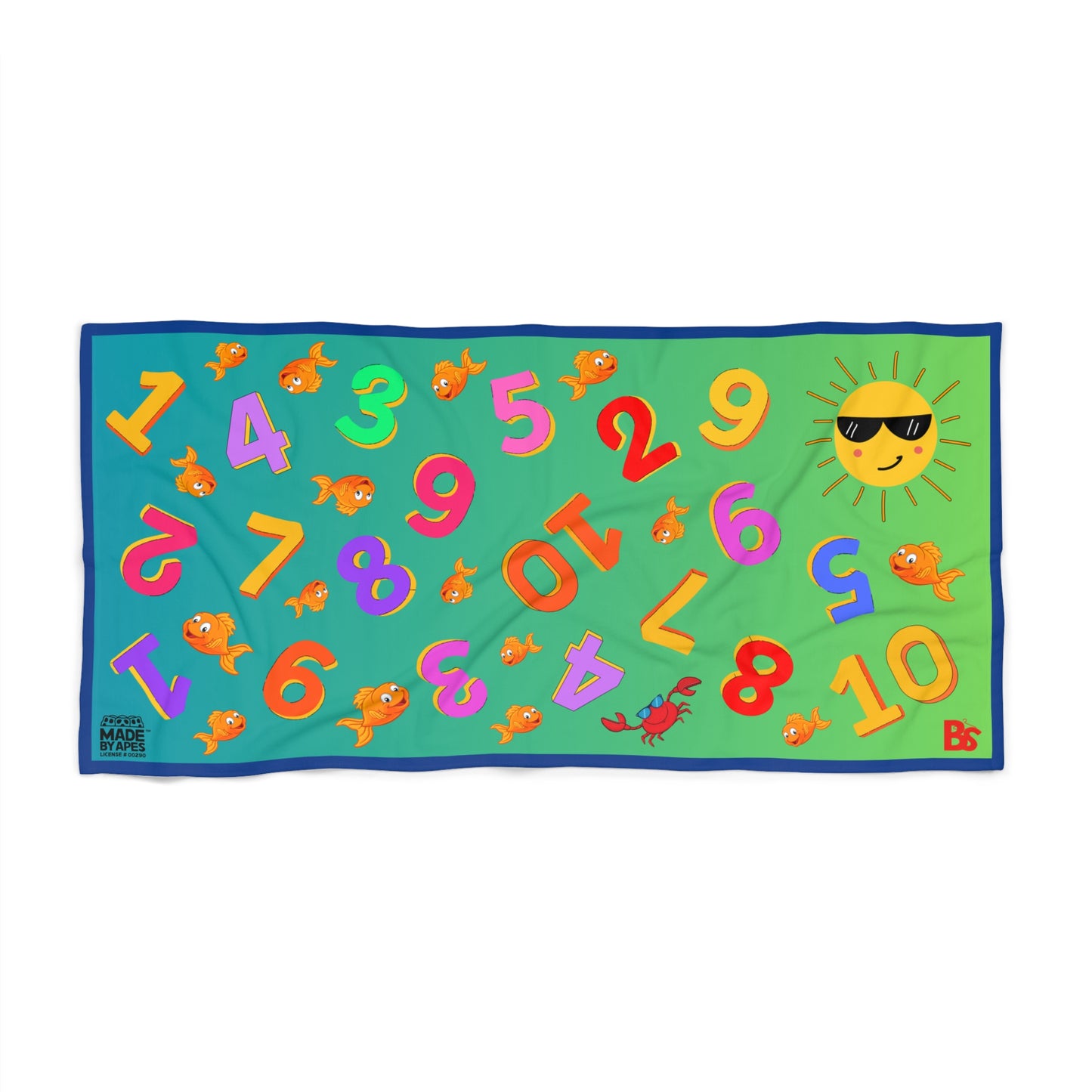 Kids Beach Towel - Counting Numbers, Goldfish, Crab Design with Cheerful Sun and Cotton Loop Backing