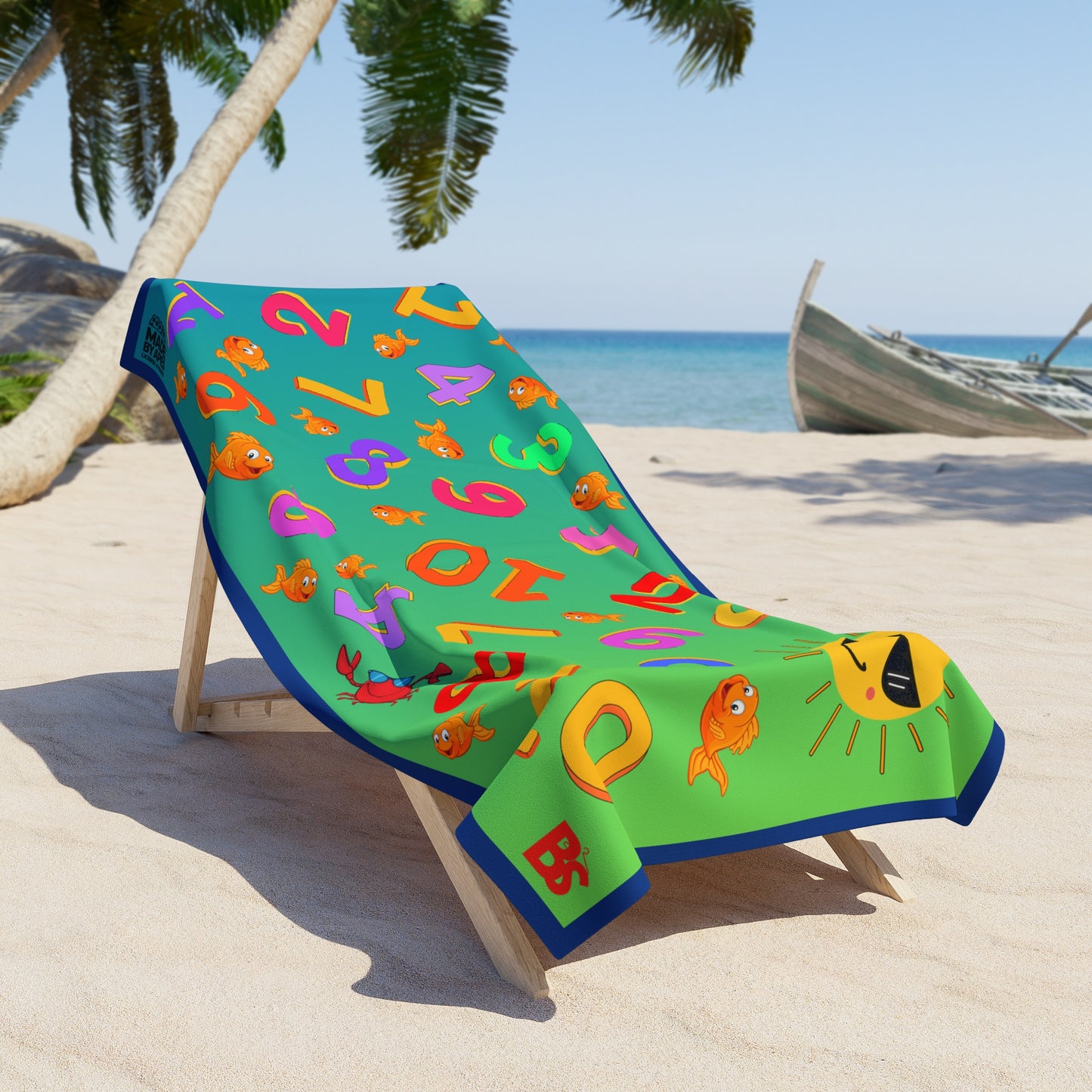 Kids Beach Towel - Counting Numbers, Goldfish, Crab Design with Cheerful Sun and Cotton Loop Backing
