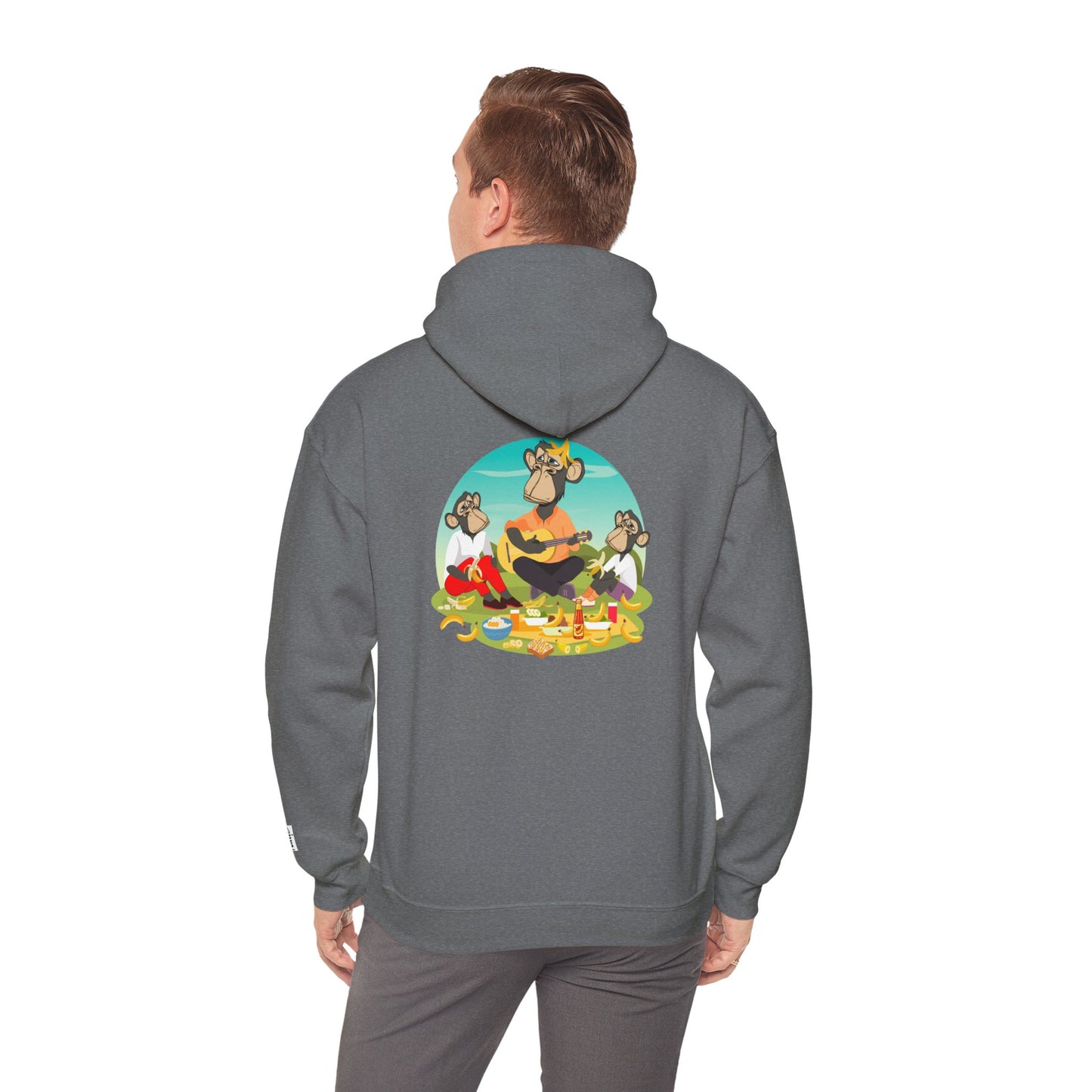 Unisex Heavy Blend™ Hooded Sweatshirt - featuring adorable Ape family on a picnic/Chill Vibes for Everyday Comfort