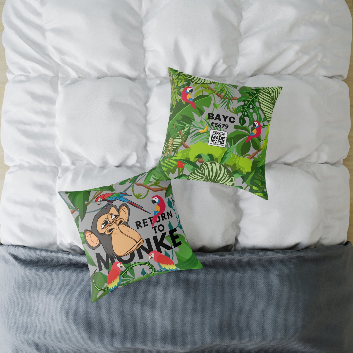 Square Canvas Pillow - Bored Ape "Return to Monke" meme / Light Gray, Green