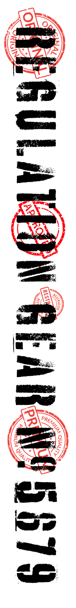Image running down the right leg of these streetwear Unisex Joggers is the text: Regulation Gear #5679, appearing roughly stamped in black, along with red stamps in circles saying "Approved, Original, and Premium to appear as if they were stamped directly on the garment's fabric.