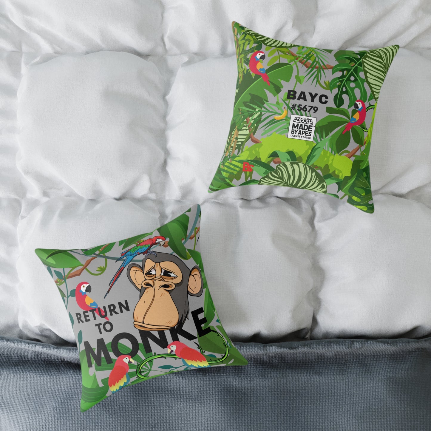 Square Canvas Pillow - Bored Ape "Return to Monke" meme / Light Gray, Green