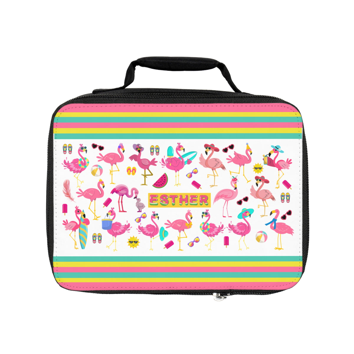 Personalized Flamingo Lunch Bag — Custom Name Rainbow Stripes