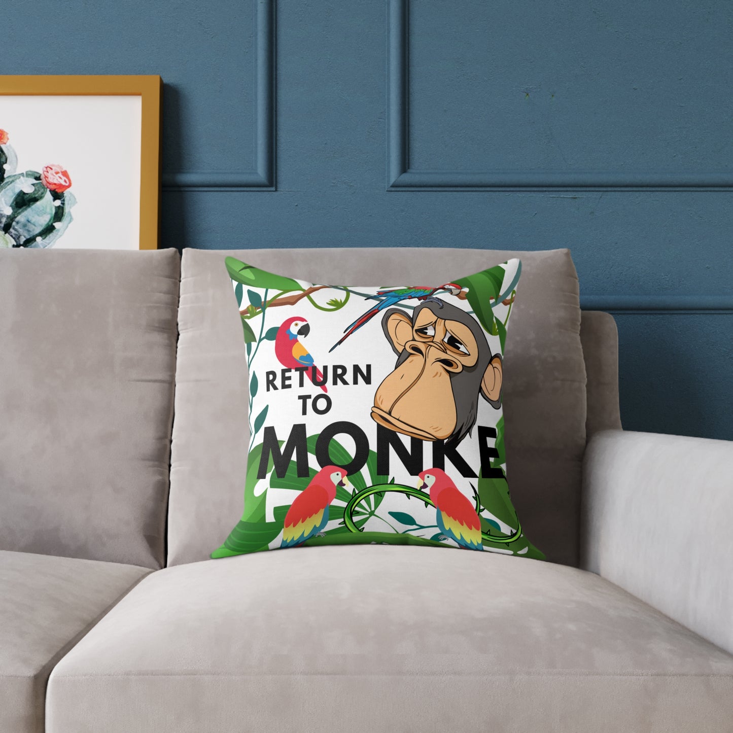 Square Canvas Pillow - Bored Ape "Return to Monke" meme / White, Multi