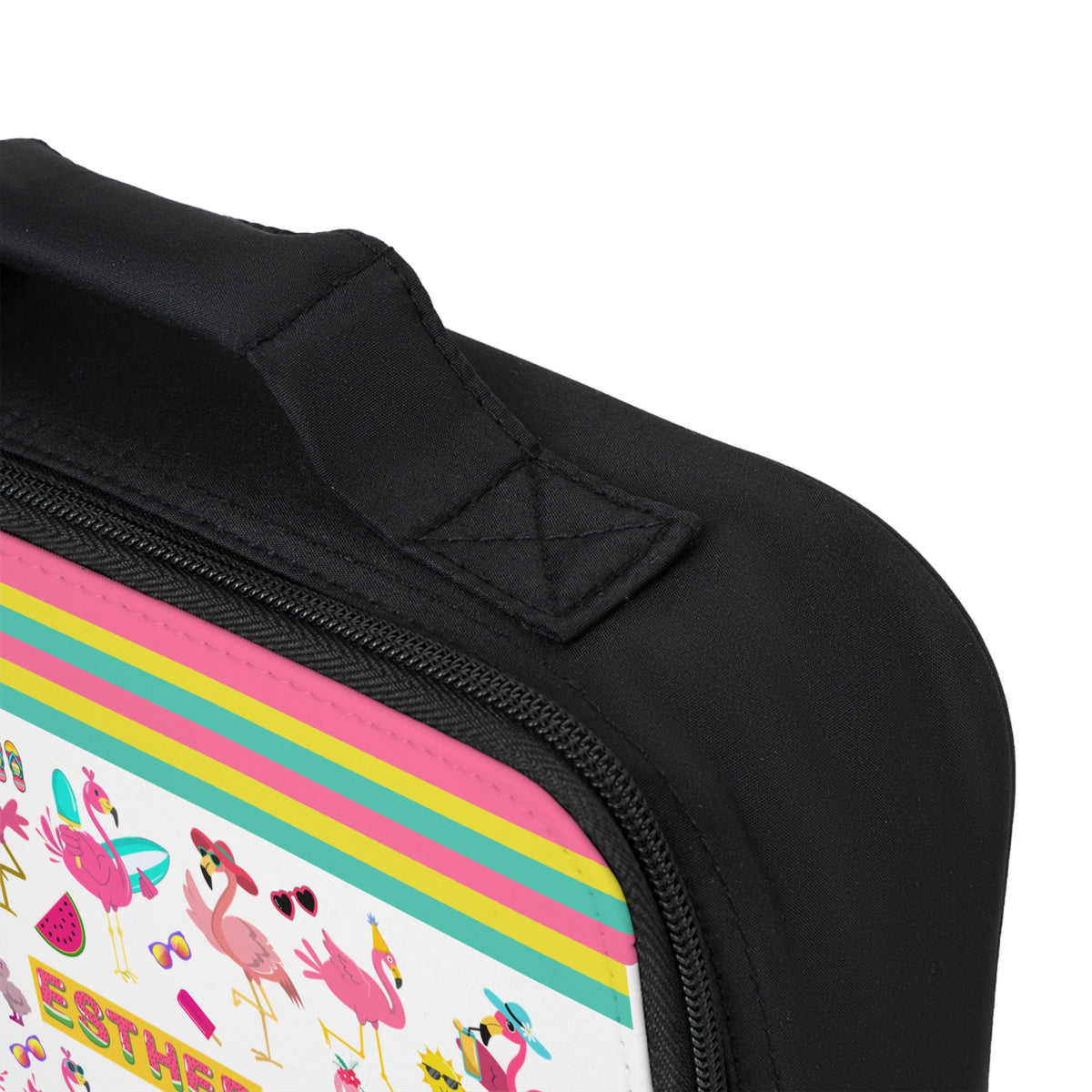 Personalized Flamingo Lunch Bag — Custom Name Rainbow Stripes