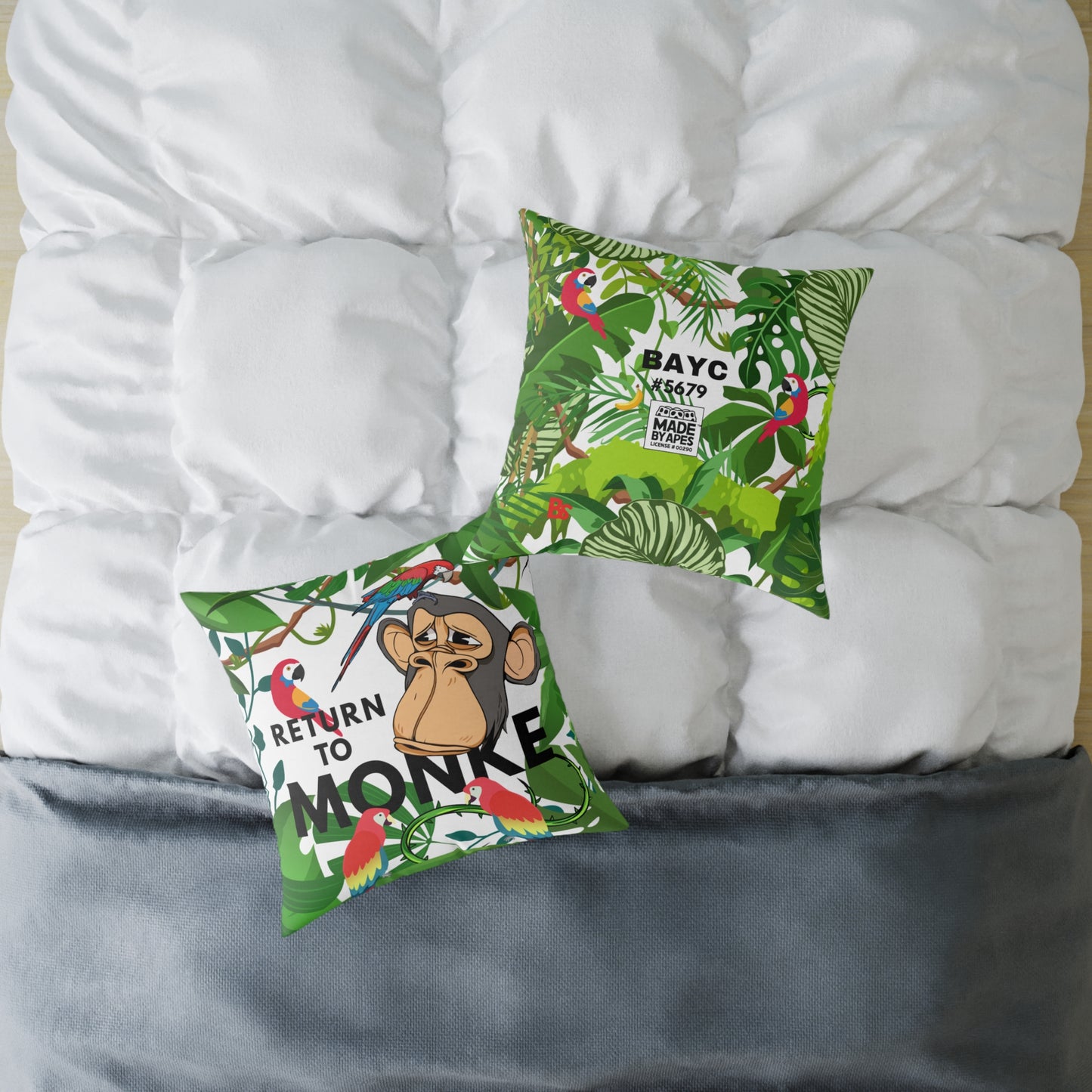 Square Canvas Pillow - Bored Ape "Return to Monke" meme / White, Multi