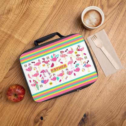 Personalized Flamingo Lunch Bag — Custom Name Rainbow Stripes
