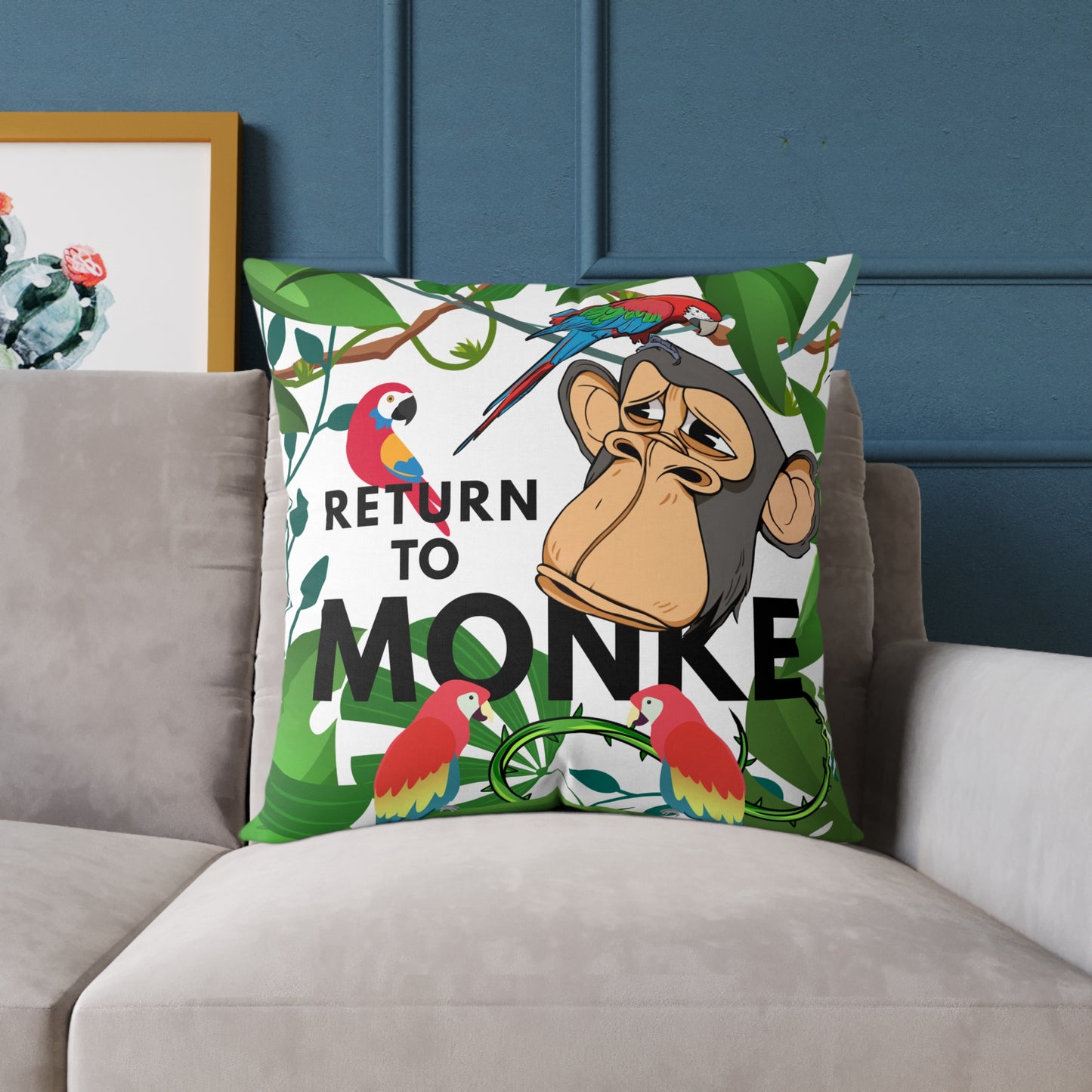 Square Canvas Pillow - Bored Ape "Return to Monke" meme / White, Multi