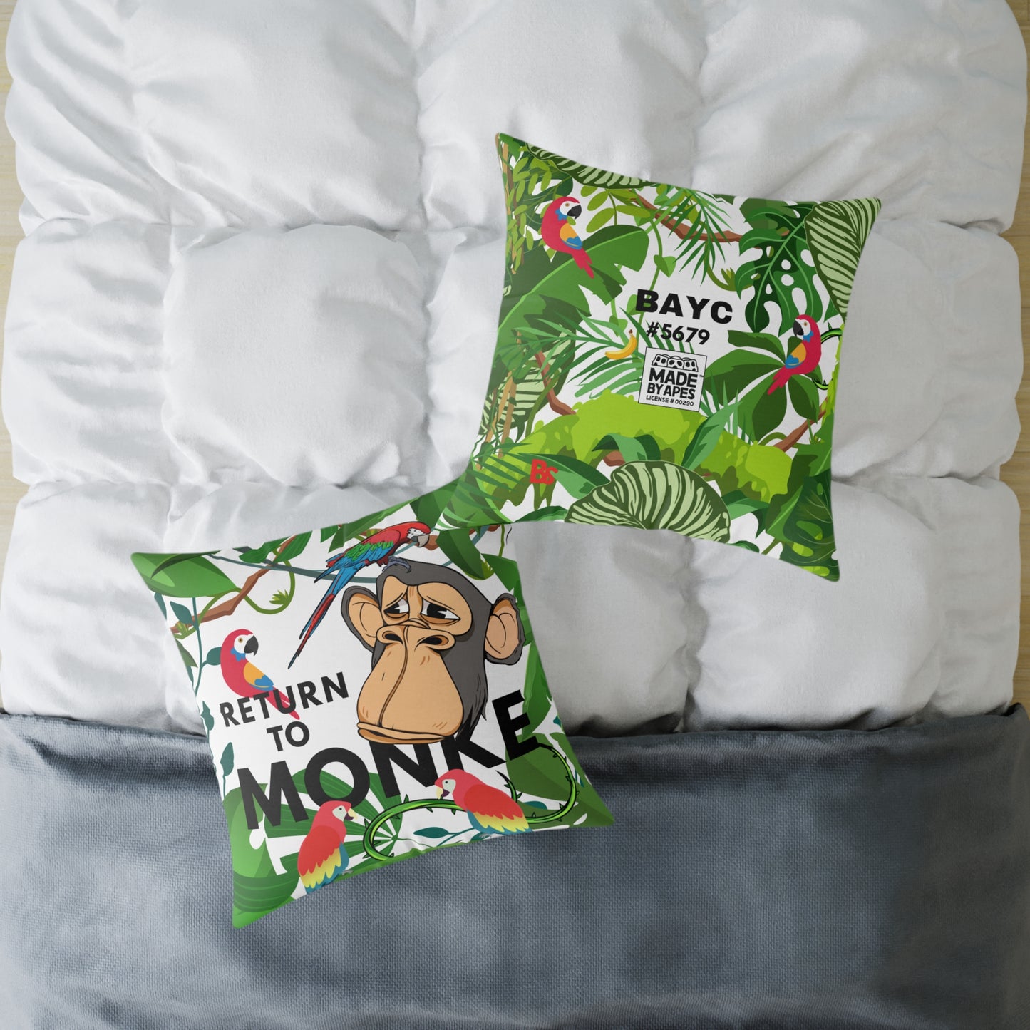 Square Canvas Pillow - Bored Ape "Return to Monke" meme / White, Multi