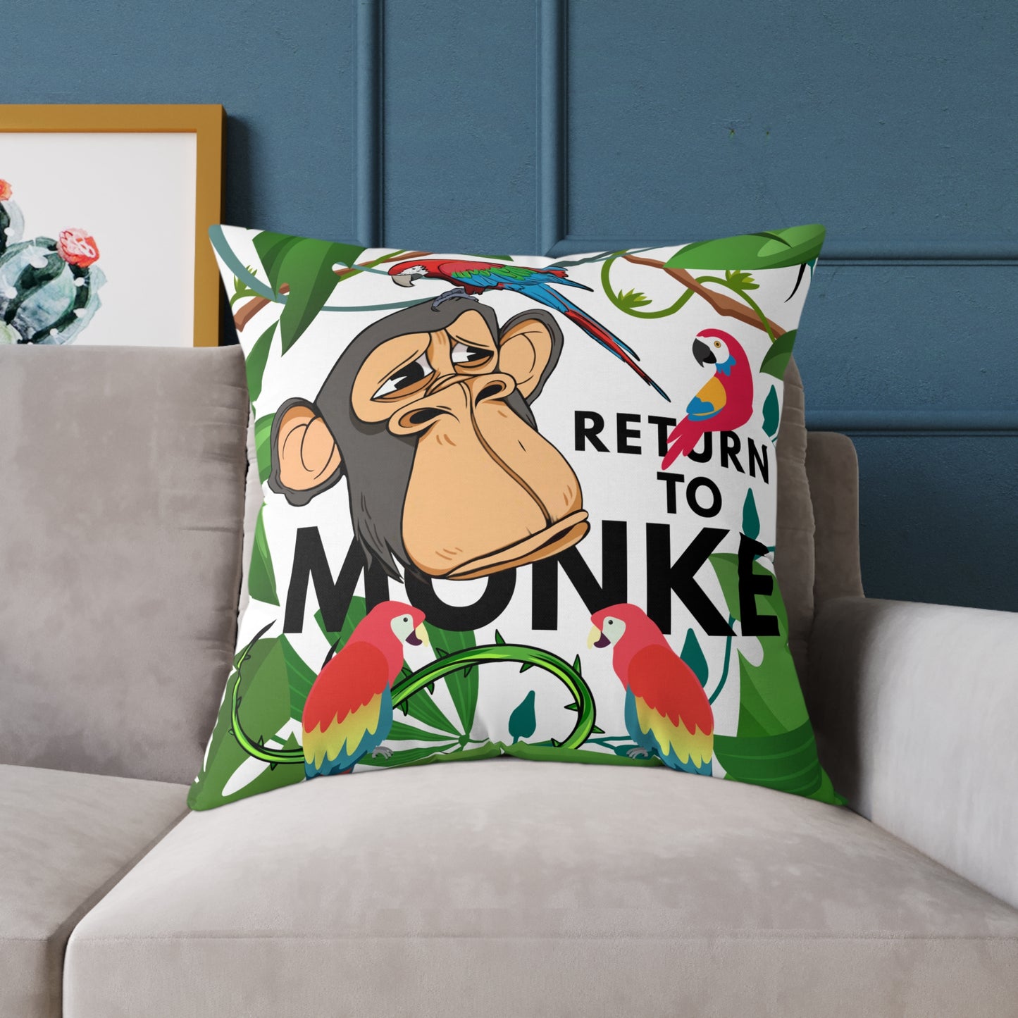 Square Canvas Pillow - Bored Ape "Return to Monke" meme / White, Multi