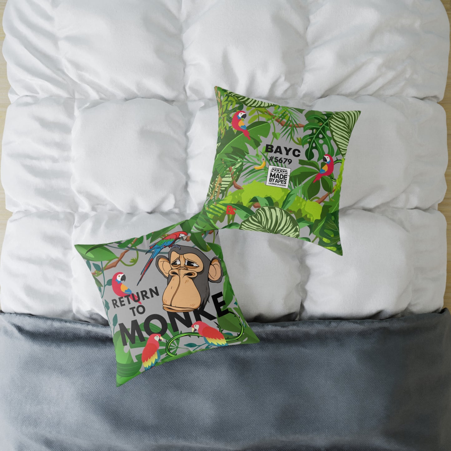 Square Canvas Pillow - Bored Ape "Return to Monke" meme / Light Gray, Green