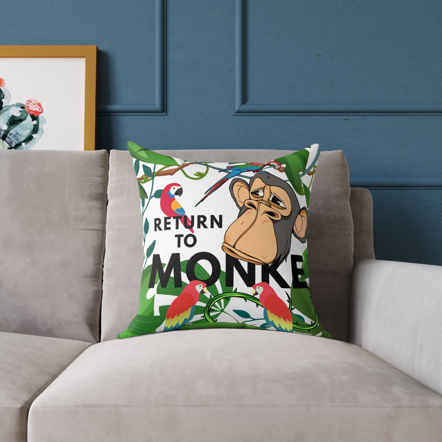 Square Canvas Pillow - Bored Ape "Return to Monke" meme / White, Multi