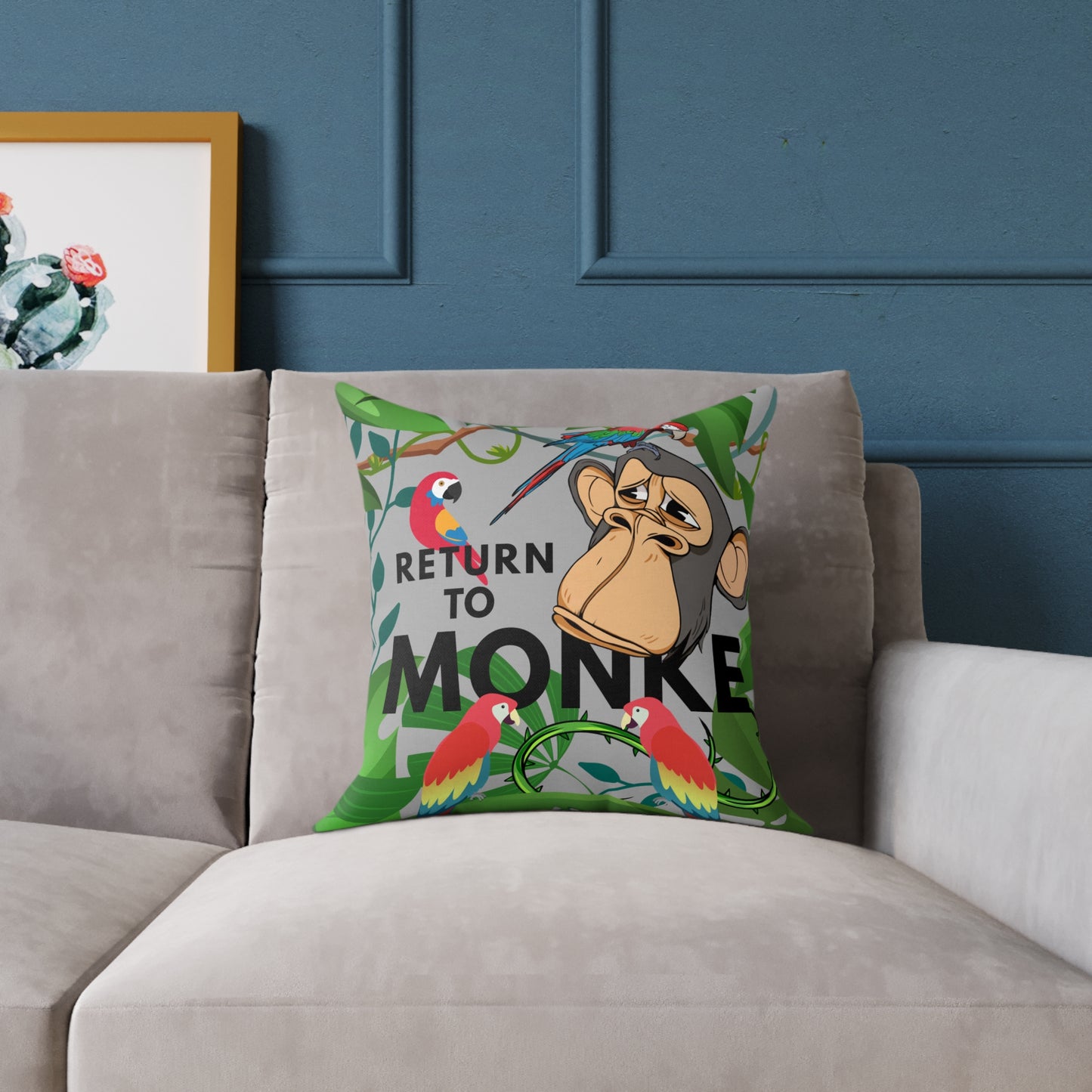 Square Canvas Pillow - Bored Ape "Return to Monke" meme / Light Gray, Green