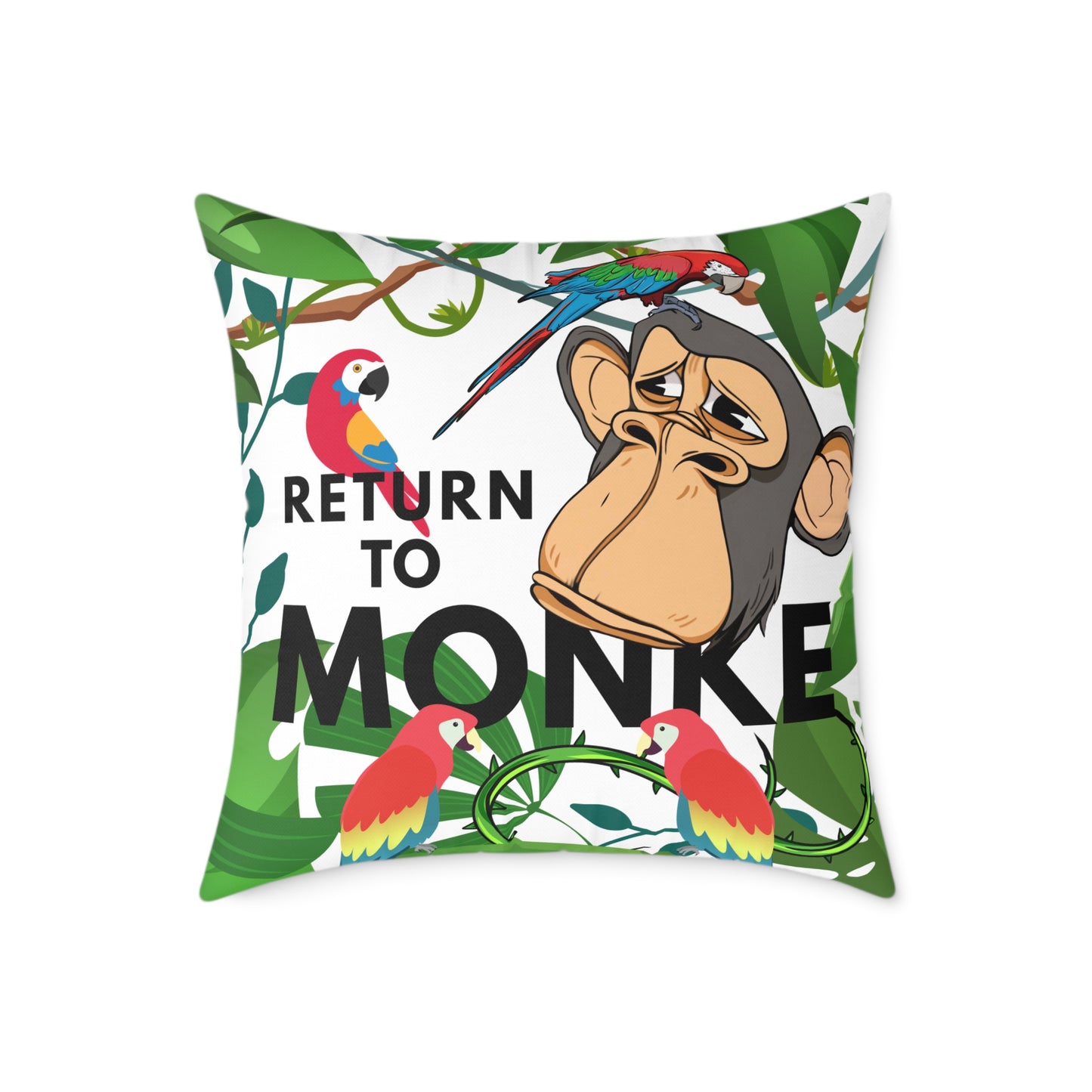 Square Canvas Pillow - Bored Ape "Return to Monke" meme / White, Multi