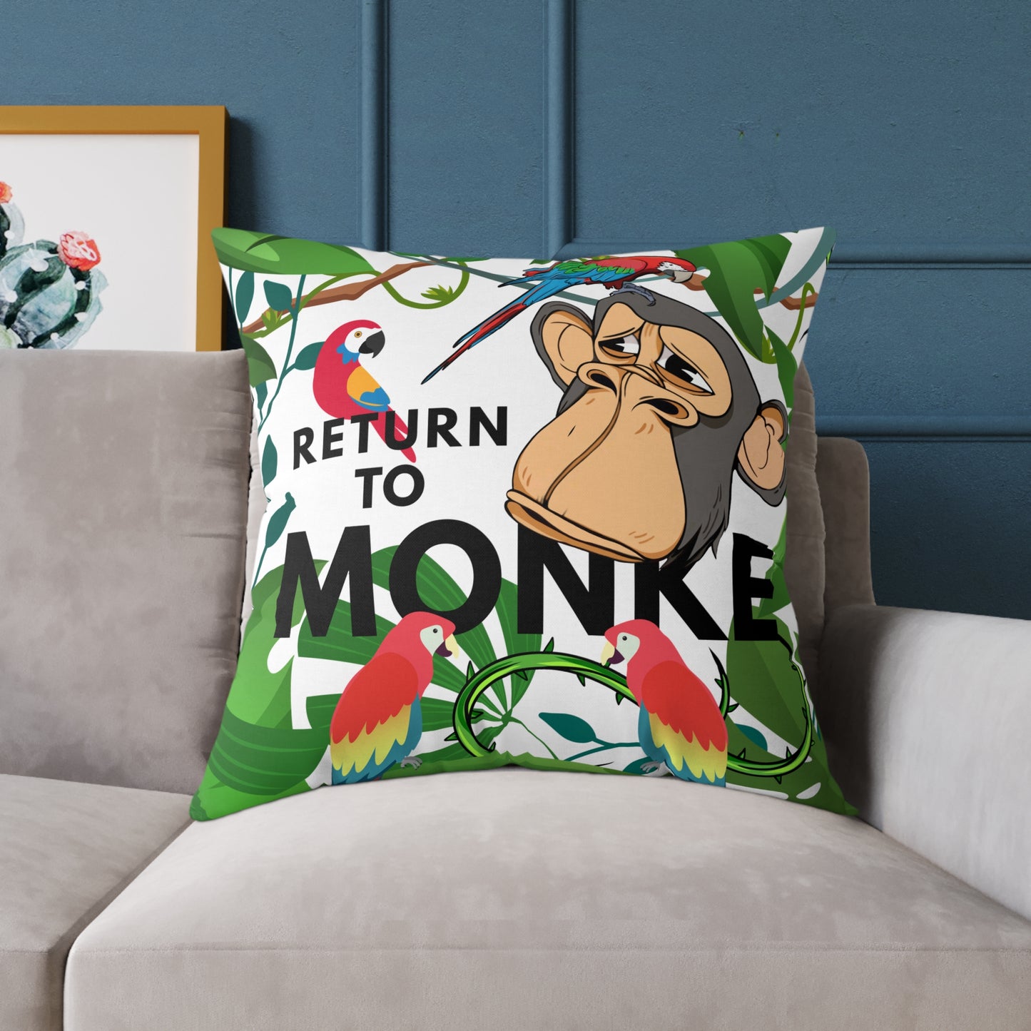 Square Canvas Pillow - Bored Ape "Return to Monke" meme / White, Multi